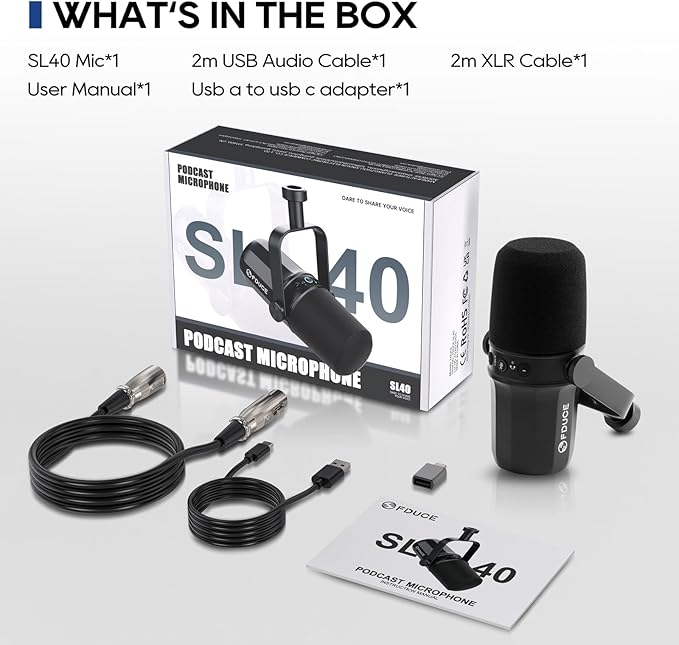 FDUCE SL40 USB/XLR Dynamic Microphone for Podcasting, Gaming, Live Streaming and Recording, Built-in Headphone Output, LED Mute Button, All Metal, Voice Isolation Technology