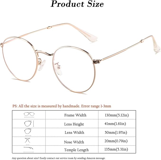 HJSTES Round Blue Light Glasses for Women Men Retro Circle Clear Lens Metal Frame Eyeglasses