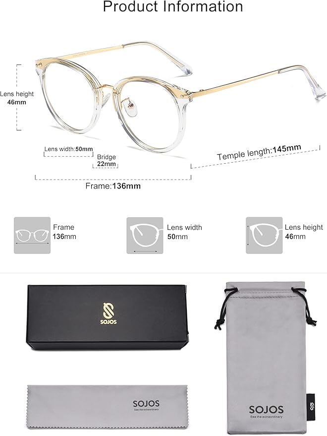 SOJOS Retro Round TR90 Blue Light Reading Glasses Womens Mens Readers Computer Glasses Eyewear Frame SJ9001