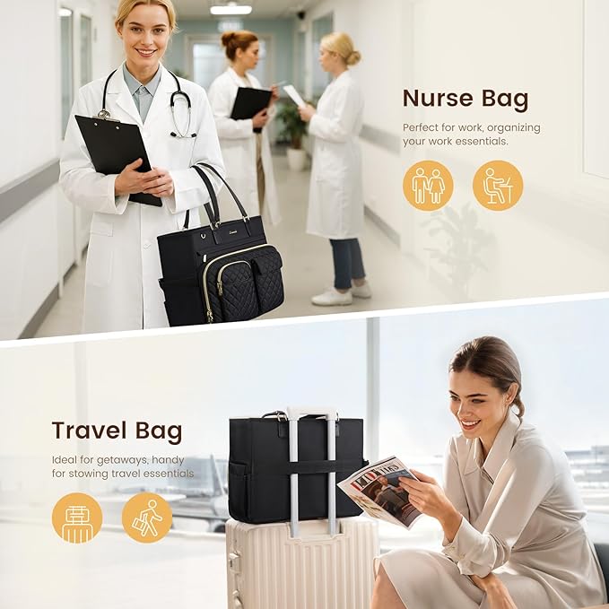LOVEVOOK Tote Bag, Work Bags for Women with Large Cup Holder, Large Capacity Teacher Tote with Multi Pockets, Water Resistant Nurse Diaper Tote with Padded Laptop Compartment, 15.6 Inch Black