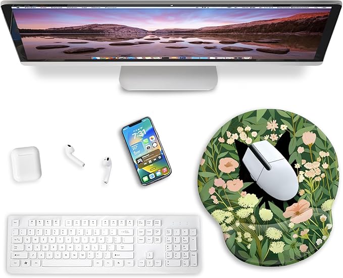Blusabaca Ergonomic Mouse Pad with Wrist Rest, Flower Cat Mouse Pads Wrist Support for Desk, Cute Funny Mousepad for Wireless Mouse Gaming Laptop Work Home Desk Accessories Office Supplies Decor