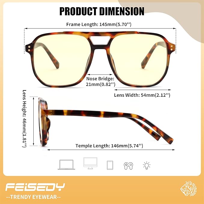 FEISEDY Amber Blue Light Glasses for Computer Gaming Orange/Yellow lens Anti Eyestrain Sleep Glasses G2835
