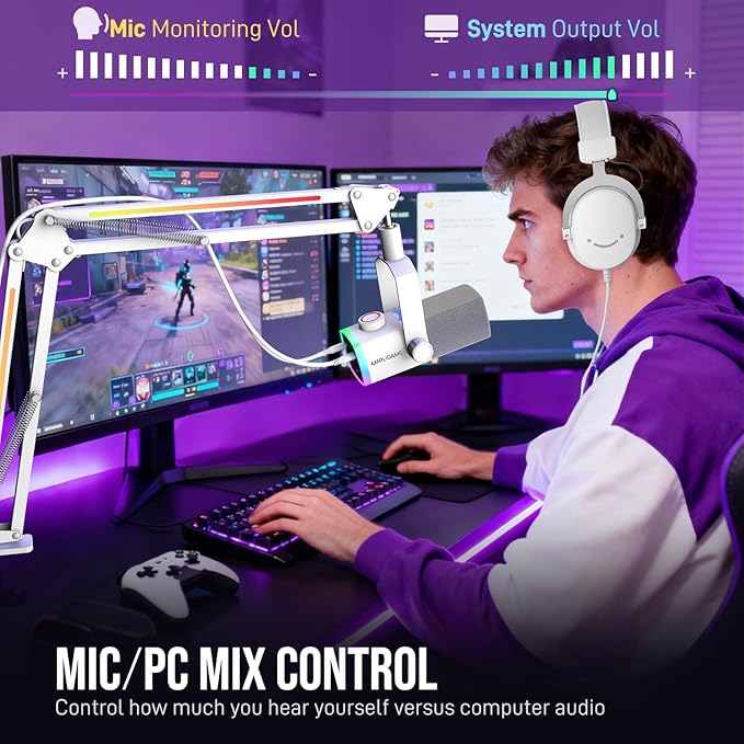 FIFINE Streaming Microphone Kit for Gaming, XLR/USB Dynamic Mic with RGB Boom Arm Stand for Podcast Vocal, PC Microphone with Mute Tap, 3-in-1 Volume Knob, Audio Balance-AmpliGame AM8PROT White