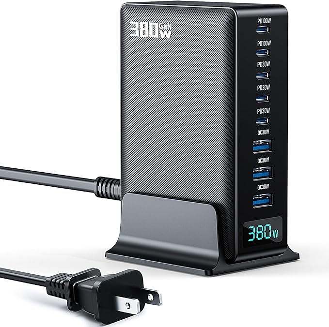 380w Charging Power Strip Station, 8 Port GaN Fast USB C Charger Block with Dual Pd 100w for Laptop, MacBook Pro/Air, Iphone16/15/14/13, Ipad, Samsung Galaxy, Android, for Travel, Home, Office