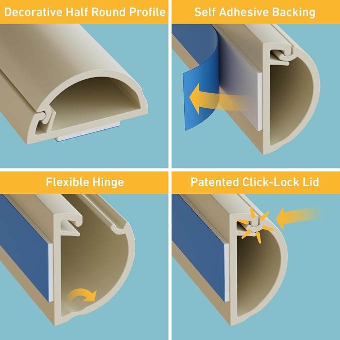D-Line 157in Cord Hider Kit, Patented Cable Cover, Hide Wires on Wall, Channel for TV Mount Cords, Raceway Wire Hiders, Paintable, Adhesive, Half Round, 10x 0.78in W x 0.39in H x 15.7in L, Beige - Image 3