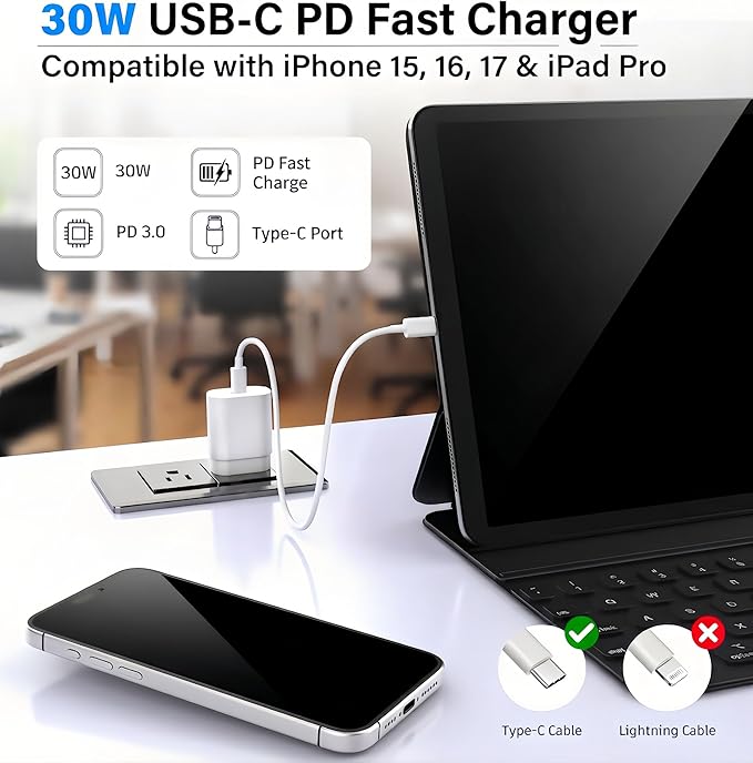 TT&C USB C Block 30W PD3.0 Fast Charger, Type C Plug Cube Wall Adapter Power Brick Compatible with iPhone 17, 17e, 17 Pro Max, 16, 16e, 15, 14, 13, 12, iPad, mini, Galaxy S26 S25, S24