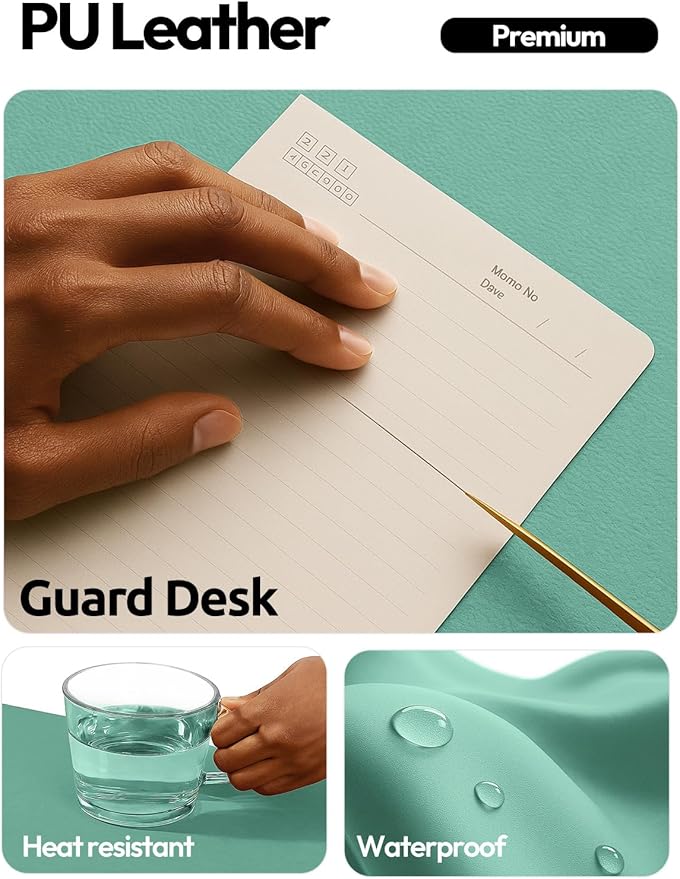 YSAGi Leather Desk Protector, Office Mat, Large Mouse Mat, Non-Slip PU Leather Blotter, Laptop Desk, Waterproof Writing Pad for Office and Home (Green-Blue, 35.4" x 17")