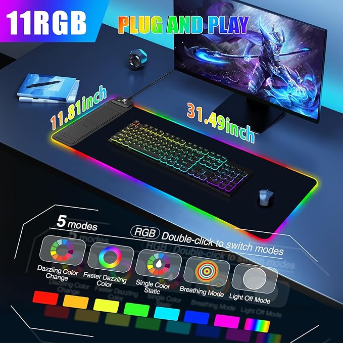 RGB Mouse Pad with Foldable Phone Stand & Wireless Charger, 31.5"x11.8" XL Gaming Mousepad Large Desk Mat, Desk Pad with Dual Charging for Phone & AirPods | 11 Colors & 5 Modes | Waterproof
