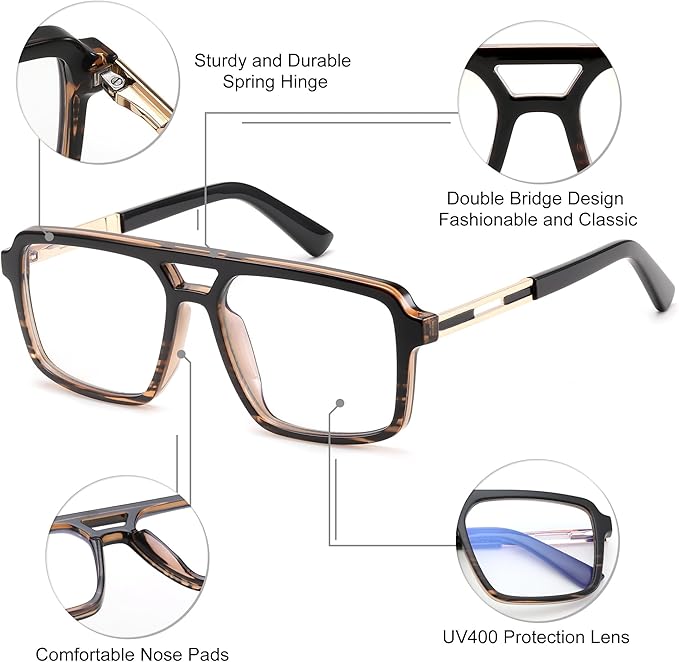 FEISEDY Retro Aviator Blue Light Glasses for Men Women Square Frame Computer Reading/TV/Phones Glasses B0209