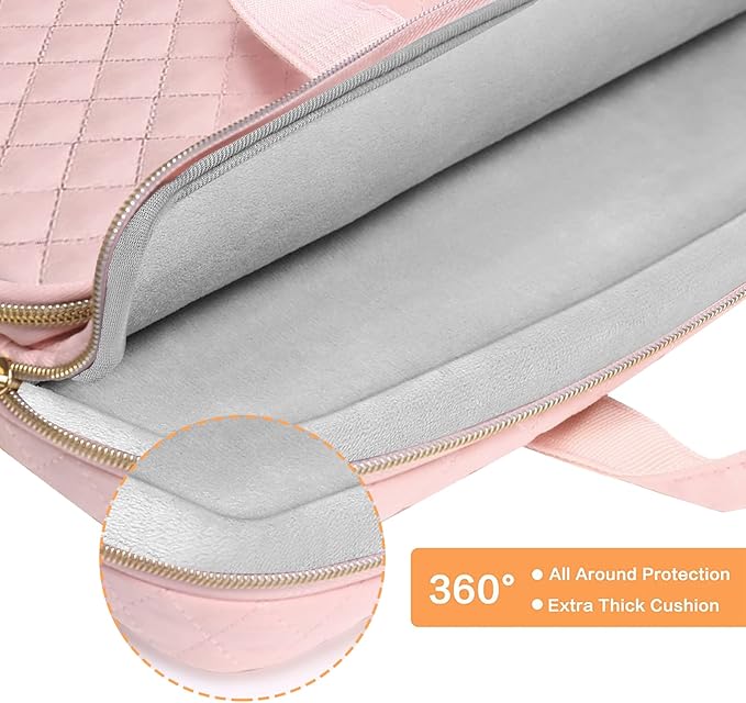 MOSISO 360 Protective Laptop Case 14 inch, 14 inch Laptop Sleeve Compatible with HP Lenovo Dell ASUS Acer, HP Stream, Dell Latitude, Square Quilted Bag Cover with 2 Pockets&Handle&Belt, Chalk Pink