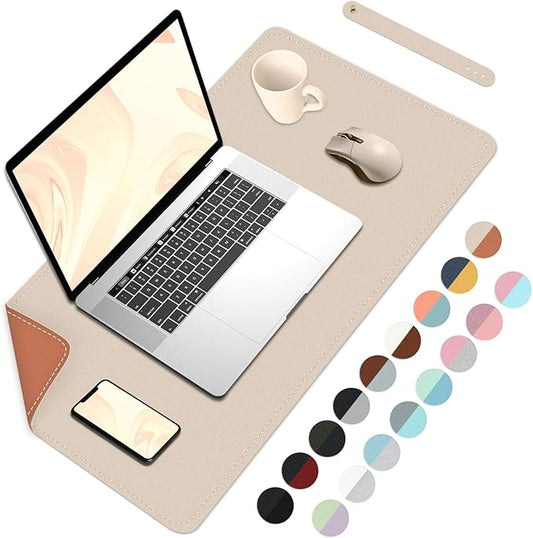 Bleswin Double-Sided Desk Mat, 23.6''×13.8'', PU Leather Mouse Pad, Waterproof Desk Pad, Laptop Leather Desk Mat, Protector for Keyboard and Mouse for Office and Home (Beige+Orange)