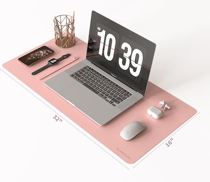 RENMTURE PU Mouse Pad, Faux Leather Large Desk Pad, Home Work Office Accessories, Non-Slip Desk Mat, Waterproof Gaming Pad Desk Blotter (32"x16", Pink)