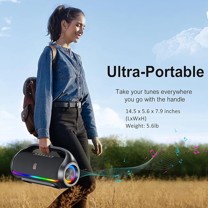 Bluetooth Speaker, IPX5 Waterproof Portable Bluetooth Speaker with Powerful Bass & LED Lights, BT5.3, Wireless Stereo Pairing for Home Party, Beach, Outdoor Camping, Support USB/TF Card/AUX/TWS