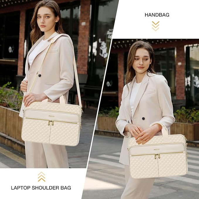 MOSISO 13-14 inch Laptop Bag, Laptop Briefcase Messenger Compatible with MacBook Neo 13 inch/Air 13.6/13 /Pro 13/14, Square Quilted Computer Bag Work Office Business with 3 Pockets&Strap, Beige