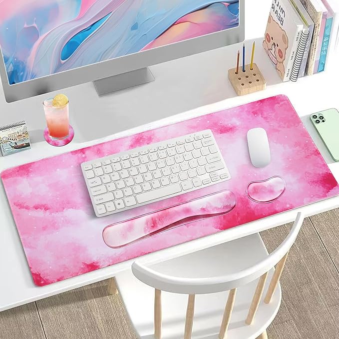 Bloss Clouds Mouse Pad and Keyboard Wrist Rest, 4-in-1 Desk Mat, Cute Desk Pad Easy Typing & Pain Relief, Desk Decor for Women Girls-Pink Clouds(35.4 x 15.7 Inches)