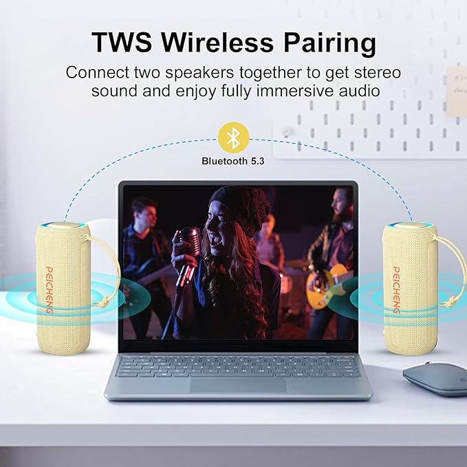 Bluetooth Speaker, Portable Wireless Clear Loud Stereo Sound IPX5 Waterproof with RGB Lights BT5.3 Long Playtime TWS Pairing,for Home Party Outdoor Beach,Great Gift Choice (Beige)