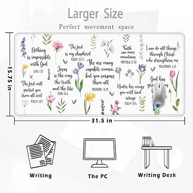 Christian Inspirational Floral Large Mouse Pad 31.5x15.7inch, Religious Bible Verse Large Extended Computer Desk Mat Mousepad for Keyboard and Mouse, Christian Desk Accessories
