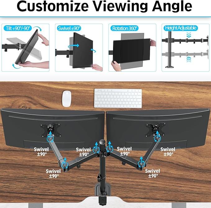 Dual Monitor Mount, Hold Two Screens up to 32", 17.6 lbs Each, Fully Adjustable Arms with C-Clamp and Grommet Base, Double Monitor Stand