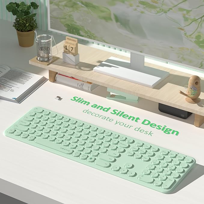 UBOTIE Wireless Green Keyboard, Bluetooth 2.4GHz Dural Mode Connection Scissor Switches Slim Quiet Round Keycaps Full Size Office Computer Keyboards for PC MAC Smart Phones