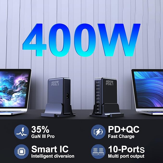 CHIPOFY 400W USB C Charger, GaN Compact 10-Ports PD3.1 140W PPS 45W QC20W Super Fast Charging Station for MacBook Laptop, iPad, iPhone 17/Pro/16/15, Galaxy S24/S23, Steam Deck and More