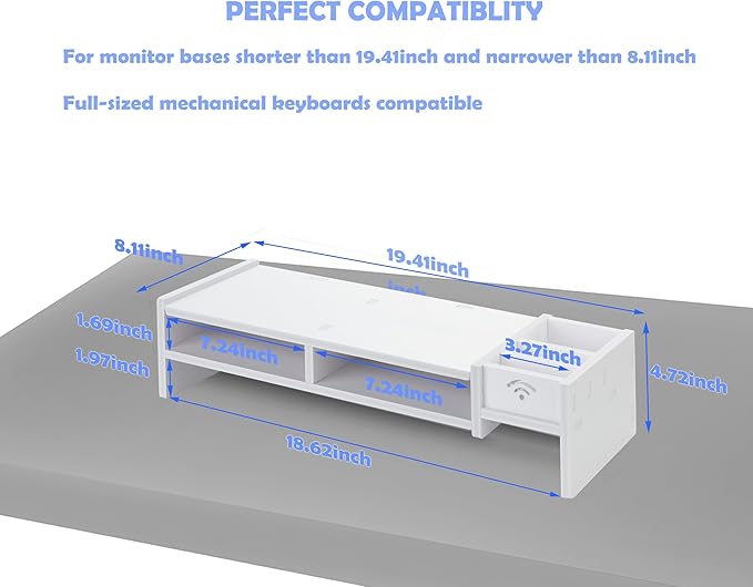 White Monitor Stand Riser, MDF Laptop Riser Shelf with Organizer(4.7" Hx8.1 Wx19.5 L)