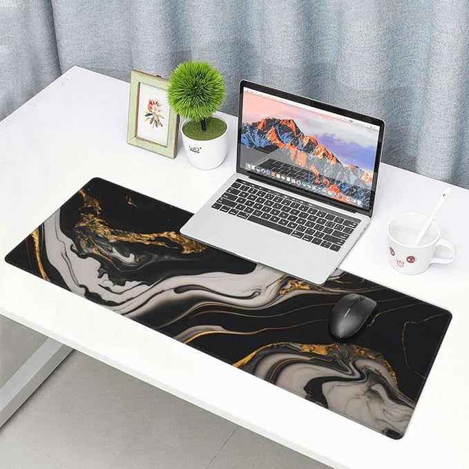 Desk Pad,Office Desk Mat 31.5"×11.8" Large Gaming Mouse Pad,Durable Extended Computer Mouse Pad,Waterproof Thick Big Mouse Pads with Non-Slip Rubber Base Office Home Black Gold Marble