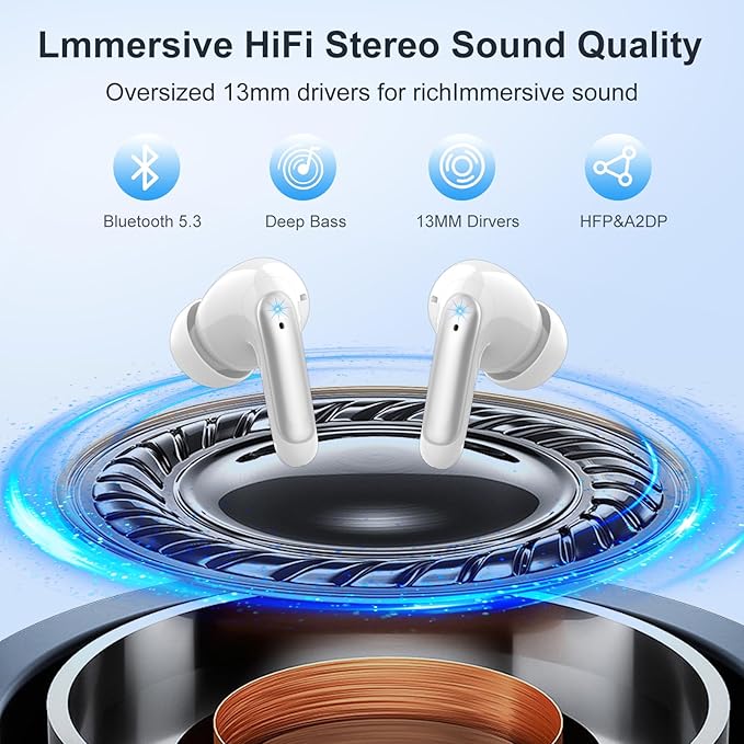 WeurGhy Wireless Earbuds, HiFi Sound Bluetooth 5.3 Headphones with 4 ENC Noise Mic, 56H Playtime Ear Buds with LED Display, USB-C, IPX7 Waterproof Wireless Headphones for Sports Workout