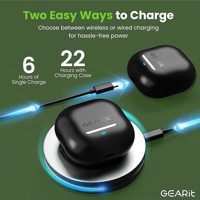 GEARit True Wireless Bluetooth Earbuds Compatible with iPhone, Android - 22H Playtime Earpods w/Active Noise Cancellation Up to 98.5% - HD Sound Clarity, Smart Touch Control - 5.4 Bluetooth Ear Buds