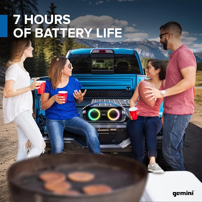 Gemini Portable Bluetooth Boombox Speaker with Deep Bass, LED Party Lights, FM Radio, USB, Mic Input & 7-Hour Battery – Rechargeable Wireless Speaker for Travel, Gym, or Home Use (GGO-230L)