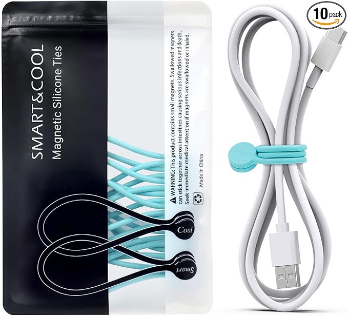 SMART&COOL Reusable Silicone Magnetic Cable Ties for Bundling and Organizing, Holding Stuff, Book Markers, Fridge Magnets, Assorted Color, 7.16'' (10-Pack, Aqua) by SMARTCOOL
