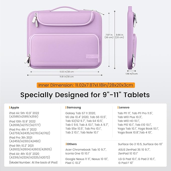 MoKo 9-11 Inch Tablet Sleeve Bag, Fits iPadAir 5/4th 10.9, iPadPro 11 Inch, iPad 9/8th 10.2, iPad 10th 10.9, Tab S8/S9 11",Waterproof Polyester Bag with Double Pockets,Retractable Handle, Purple