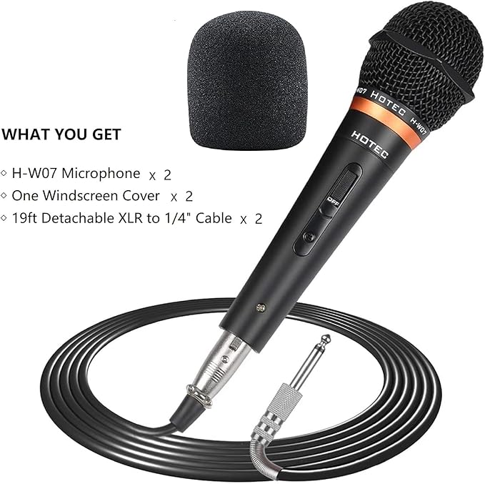 HOTEC Premium Wired Vocal Dynamic Handheld Microphones - Includes 19ft Detachable XLR Cable and ON/Off Switch - 2 Pack, Metal Black