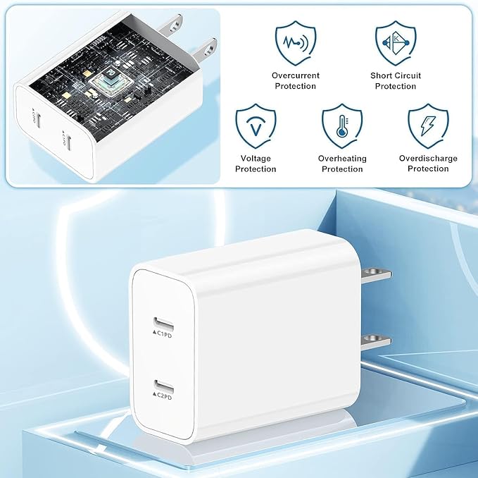 USB C Fast Charger Block,USB C Charging Block 2-Pack Type C 2in1 Dual Ports Plug Wall Charger, Fast Type C Charger for iPhone 17 Pro Max/17 Pro/17 Air/16 Pro Max/15/14/13/12/11/Xs Max/XR/X,iPad