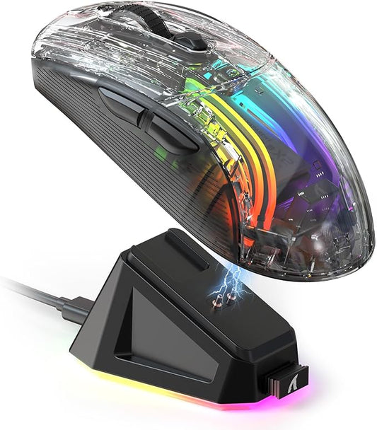 ATTACK SHARK X2 Pro Wireless Gaming Mouse with RGB Charging Dock,Tri-Mode PC Gaming Mice 2.4G/Bluetooth/Wired,Noiseless Mouse RGB Backlit,Transparent Shell,PixArt 3212 4000 DPI,for Win/MAC,Black