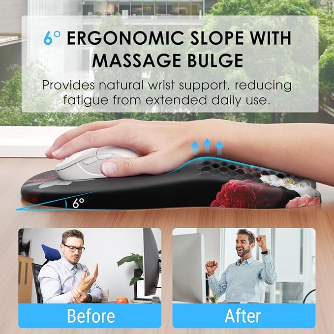 MROCO Ergonomic Mouse Pad with Wrist Support, Wrist Rest Mousepads for Carpal Tunnel Pain Relief, Memory Foam Pad with Massage Bulge and Non-Slip Base for Office, Home, Black Flower