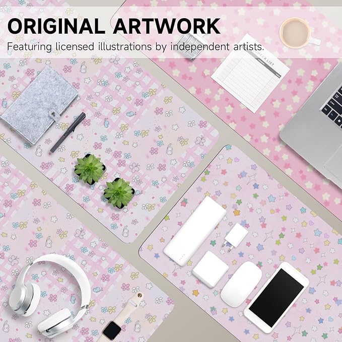 AUPET Leather Desk Pad Blotter Mat, Large Mouse Pad, Non-Slip Waterproof Desk Writing Pad Protector, Desk Decor for Office，Home，Gaming (Pink-Checkered Flower Butterfly, 35.4X15.7 inch)