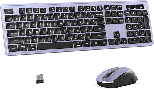 Wireless Keyboard and Mouse Combo, Full-Size 104-Key Office Keyboard with 15 Function Keys, Numeric Keypad, Single USB Receiver, Compatible with PC and Laptop(Purple)
