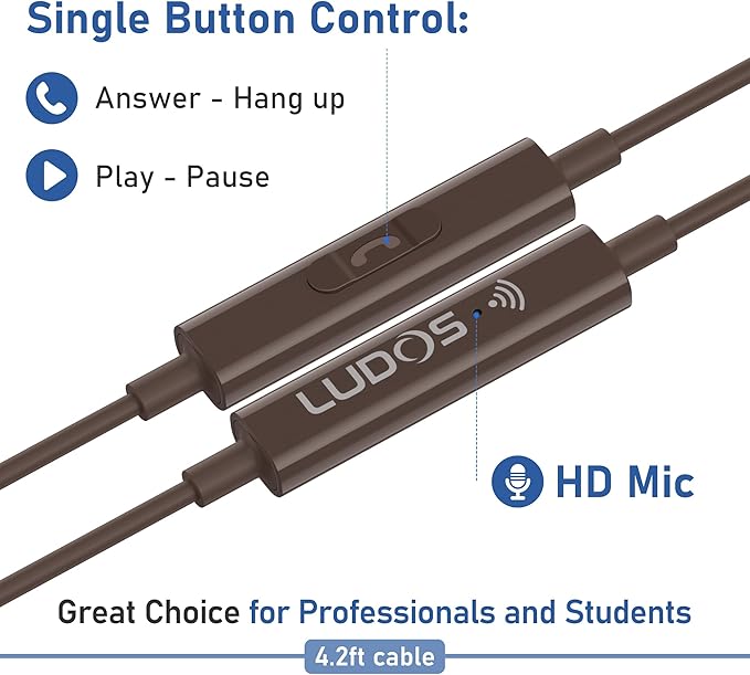 LUDOS FEROX Wired Earbuds in-Ear Headphones, 5 Year Warranty, Earphones with Microphone, Noise Isolation Corded for 3.5mm Jack Ear Buds for iPhone, Samsung, Laptop, Kids, School Students - Brown