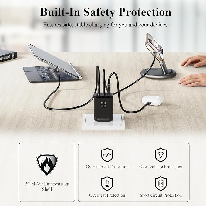 Minthouz 67W GaN Charger, 3-Port Fast Charging Power Adapter with Type-C & USB-A, for iPhone 17/16/15, iPad Pro, MacBook Air/Pro, Galaxy S25/S24, Google Pixel, Compact Travel Charger with 3.9FT Cable