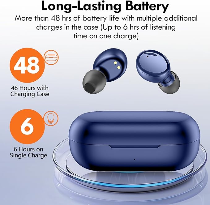 Lanteso True Wireless Bluetooth 5.3 Earbuds, 48H Playtime,Light Weight Headphones in Ear Buds Built in Mic Headset Premium Sound with Deep Bass,Clear Calls Earphones for Sports Workou Blue