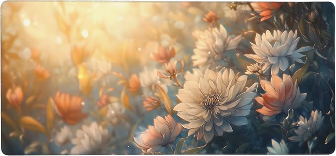 Floral Aesthetic Dahlia Gaming Mouse Pad, Orange White Dreamy Desk Mat with Anti-Slip Base & Stitched Edges, Computer Keyboard & Laptop Pad, 35.4" x 15.7" in in Workstation Accessories
