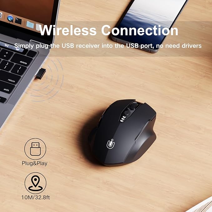 Uineer Wireless Mouse,Upgraded 2.4GHz Rechargeable (Battery Level Visible) Ergonomic Computer Mouse,4 Levels DPI, Wireless Mice for Laptop Computer(Matte Black)