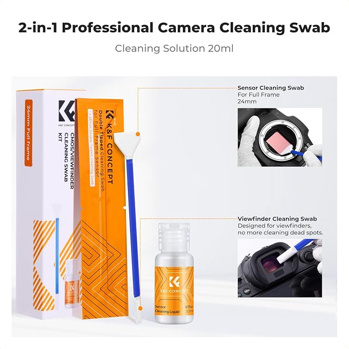 K&F CONCEPT 2-1 24mm Full Frame Sensor Cleaning Swab, Viewfinder Cleaning Swab, with 20ml Sensor Cleaner, DSLR Camera CMOS and CCD Sensor Cleaning Swab Kits Compatible with Nikon Sony Canon Camera - Image 2