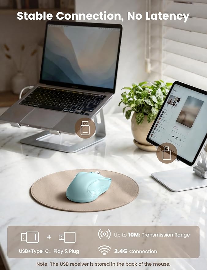 WisFox 2.4G Wireless Mouse for Laptop, Ergonomic Computer Mouse with USB Receiver and Type-C Adapter, 3 Adjustable Levels DPI, 6 Button Cordless Wireless Mice (Baby Blue)