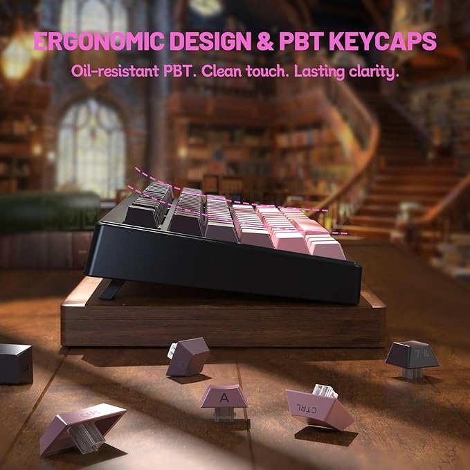 M87V2 87 Keys Membrane Gaming Wireless Keyboard,80% TKL Layout Side Printed Keys Retro Cute Creamy,RGB Backlit 4000mAh 2.4G/BT/Wired Computer Silent Keyboard for MAC PC-Gradient Pink