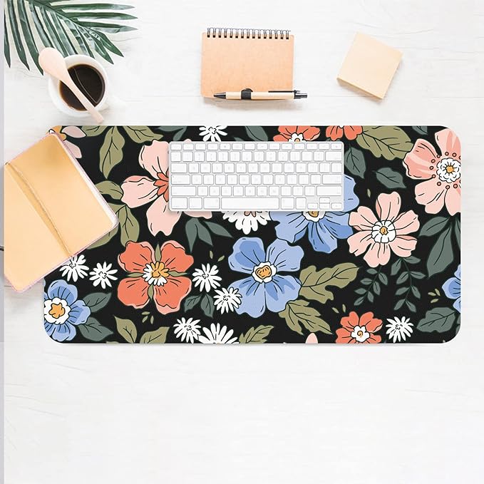 Desk Mat Large Protector Pad 23.6" ×11.8", Non-Slip PU Leather Desk Blotter, Waterproof Mouse Pad for Office Home Wildflower