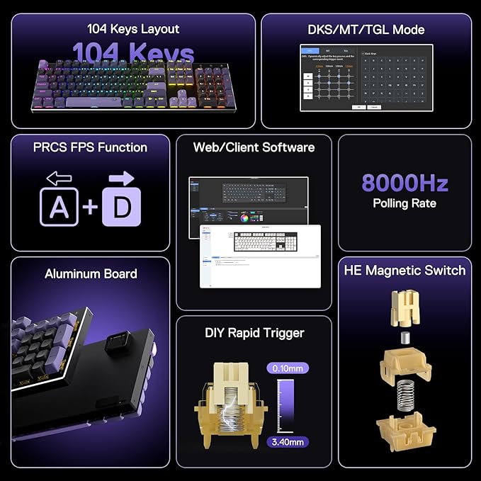 Redragon K556 HE Rapid Trigger Gaming Keyboard, 100% 104 Keys Wired Mechanical Keyboard w/Hyper-Fast Actuation, Dedicated Hall Effect Magnetic Switch, 2-Layer Noise Dampening, Original Aluminum Base