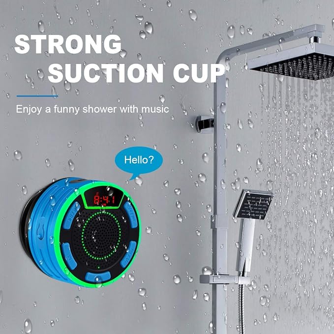 IPX7 Waterproof Speaker, Bluetooth Portable Wireless Shower Speakers with LED Display, FM Radio, Suction Cup, Light Show, TWS, Loud Stereo Sound for Pool Beach Home Party Travel Outdoors