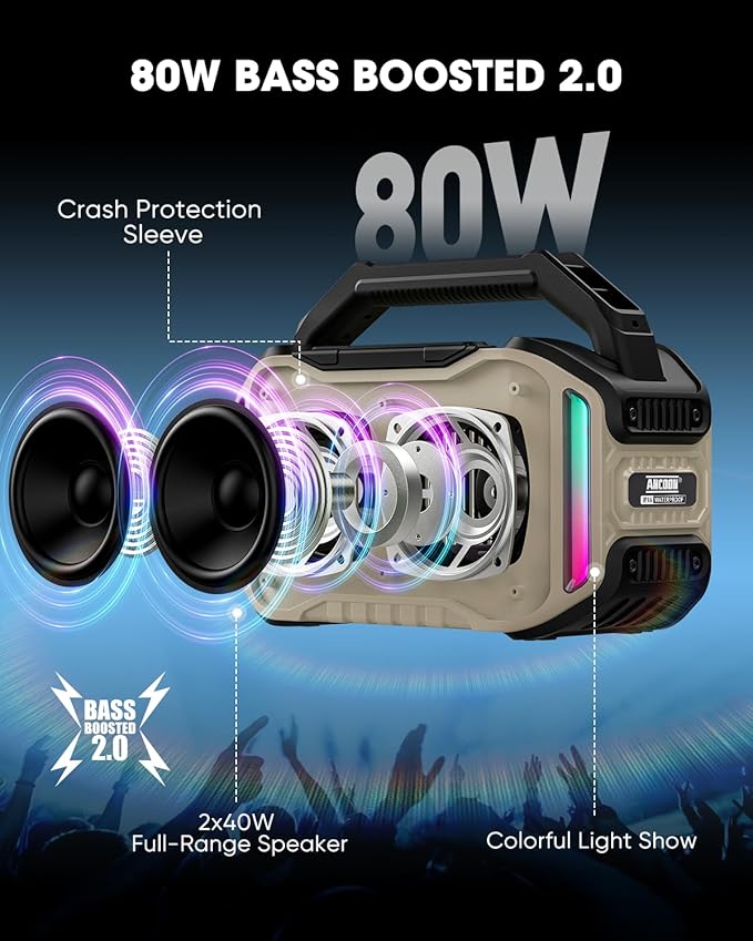 Speakers Bluetooth Wireless: 80W(Peak) Loud Speaker with Bass, 20H Playtime, IPX6 Waterproof, Large Jobsite Speakers for Work, Outdoor, Workshop, Garage, Portable Speaker with TWS (Desert)