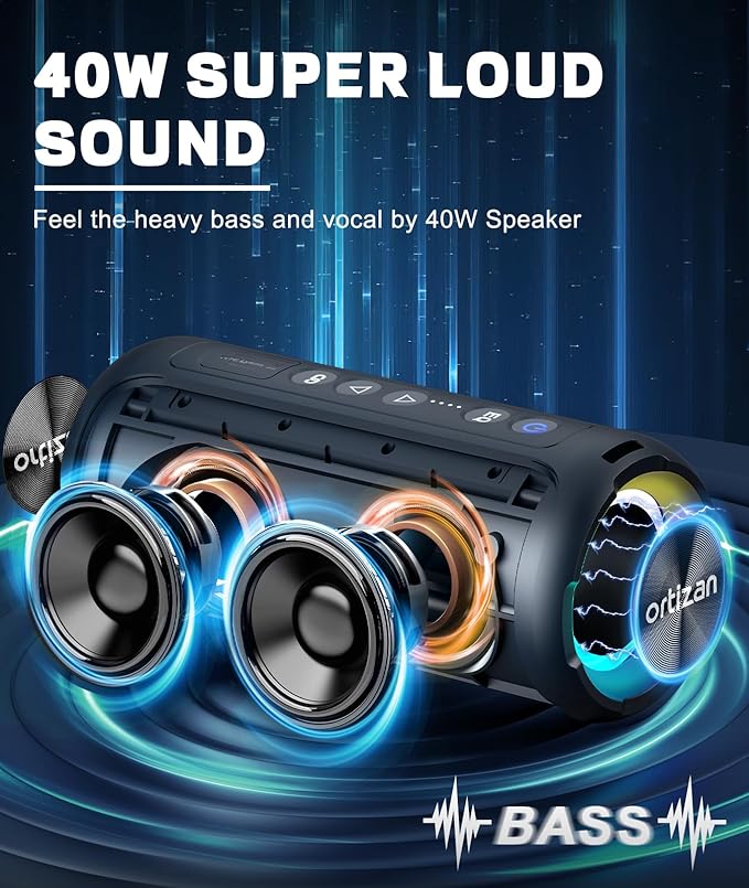 Ortizan Portable Bluetooth Speaker (2nd Gen), 40W powerful sound and deep bass, IPX7 waterproof, 30 hours of playtime, TWS for 2 speakers pairing for home, outdoor and travel - Electronics gift, Black
